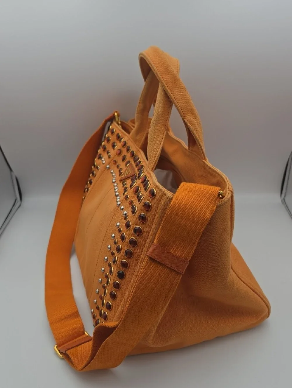 Prada Orange Papaya Canapa Gromment & Studded Large Tote (COA/HARD CARD)(EUC)🧡✨